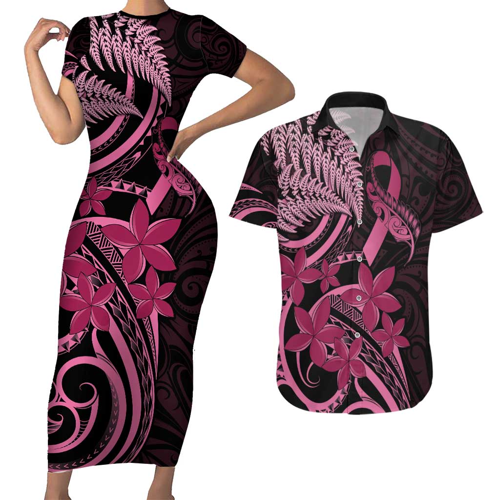 Aotearoa Maori Couples Matching Short Sleeve Bodycon Dress and Hawaiian Shirt Pink Fern Ribbons on Black - Aussie Hoodie