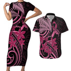 Aotearoa Maori Couples Matching Short Sleeve Bodycon Dress and Hawaiian Shirt Pink Fern Ribbons on Black - Aussie Hoodie