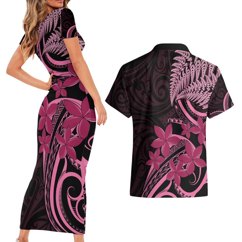 Aotearoa Maori Couples Matching Short Sleeve Bodycon Dress and Hawaiian Shirt Pink Fern Ribbons on Black - Aussie Hoodie
