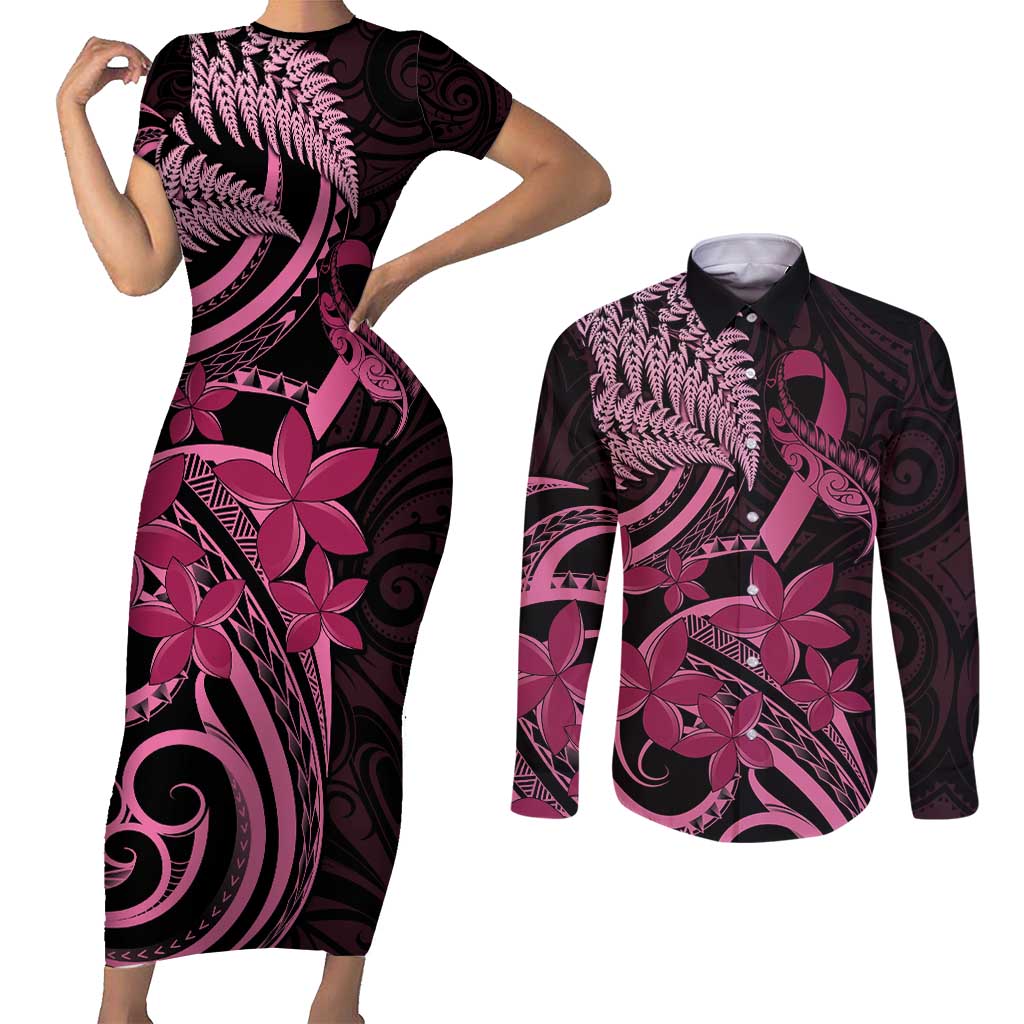 Aotearoa Maori Couples Matching Short Sleeve Bodycon Dress and Long Sleeve Button Shirt Pink Fern Ribbons on Black - Aussie Hoodie