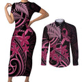 Aotearoa Maori Couples Matching Short Sleeve Bodycon Dress and Long Sleeve Button Shirt Pink Fern Ribbons on Black - Aussie Hoodie