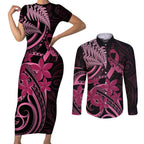 Aotearoa Maori Couples Matching Short Sleeve Bodycon Dress and Long Sleeve Button Shirt Pink Fern Ribbons on Black - Aussie Hoodie
