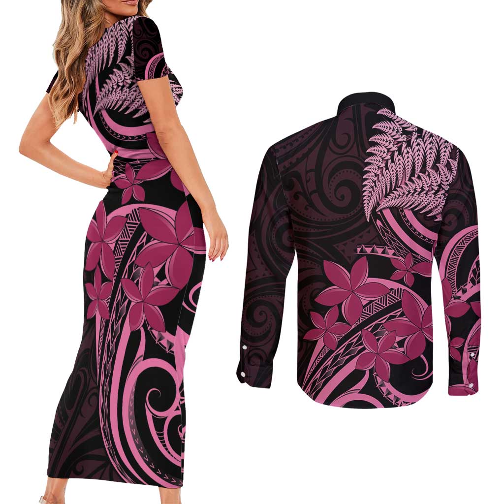 Aotearoa Maori Couples Matching Short Sleeve Bodycon Dress and Long Sleeve Button Shirt Pink Fern Ribbons on Black - Aussie Hoodie