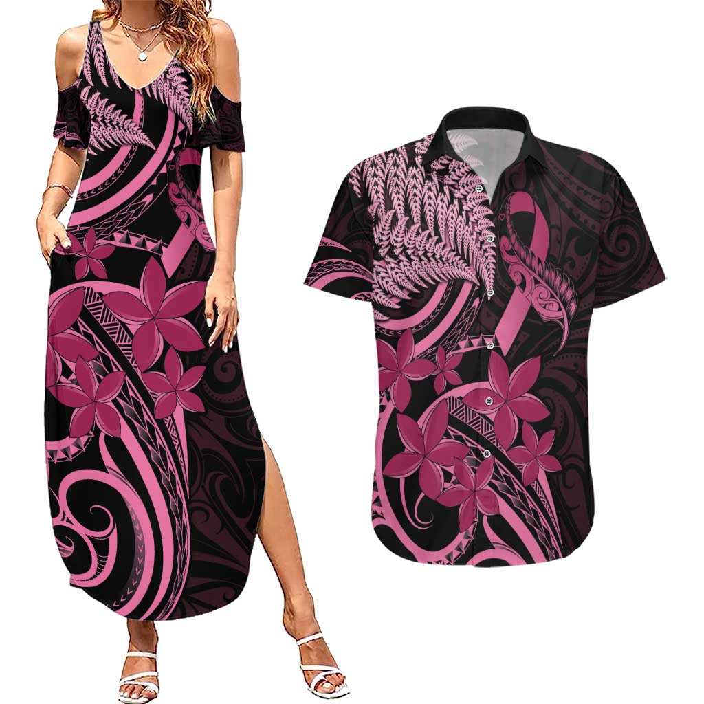 Aotearoa Maori Couples Matching Summer Maxi Dress and Hawaiian Shirt Pink Fern Ribbons on Black - Aussie Hoodie
