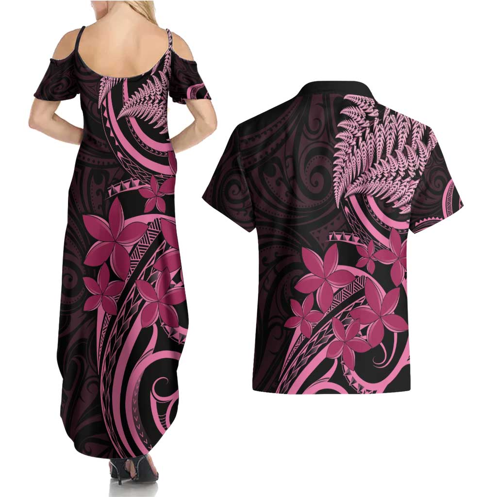 Aotearoa Maori Couples Matching Summer Maxi Dress and Hawaiian Shirt Pink Fern Ribbons on Black - Aussie Hoodie