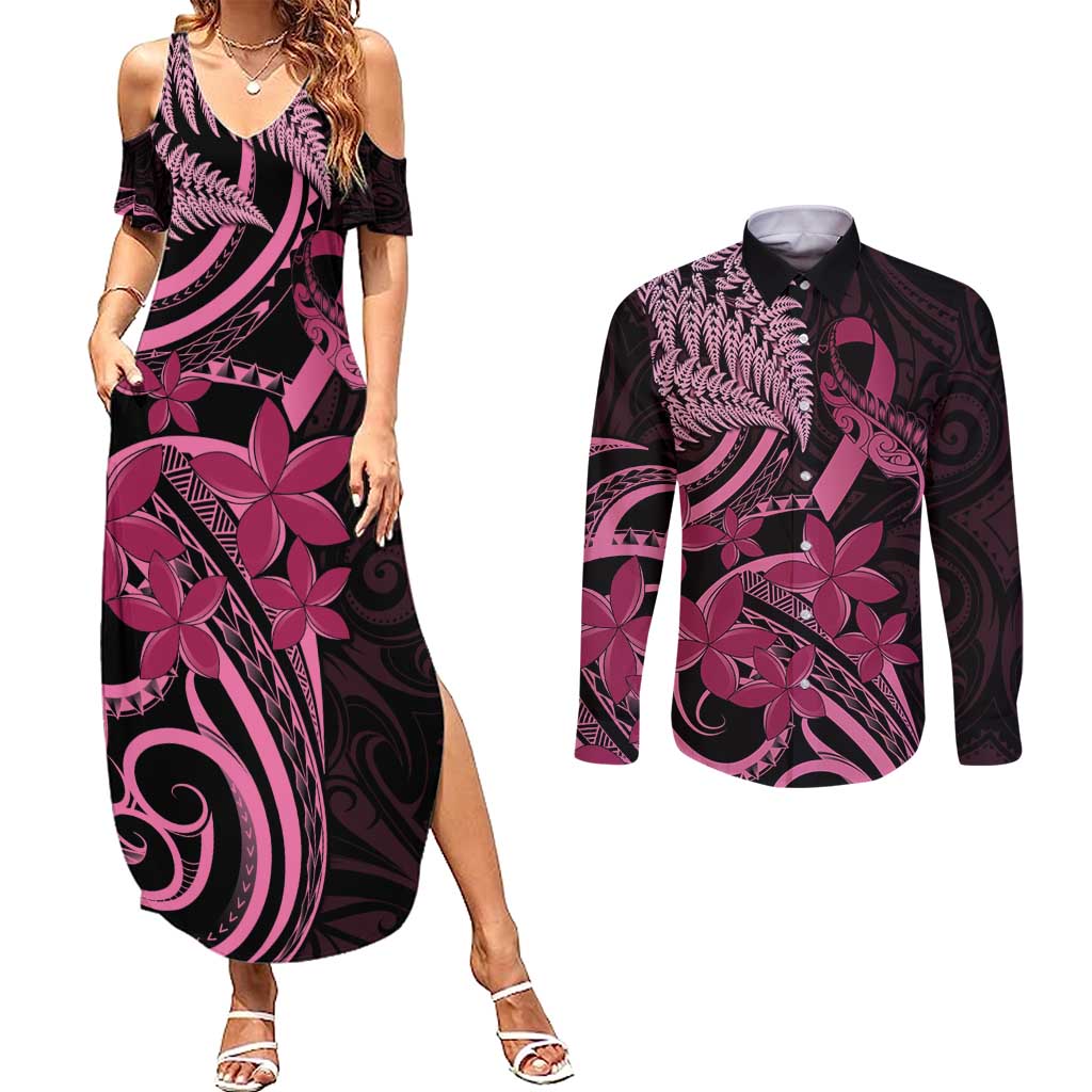 Aotearoa Maori Couples Matching Summer Maxi Dress and Long Sleeve Button Shirt Pink Fern Ribbons on Black - Aussie Hoodie