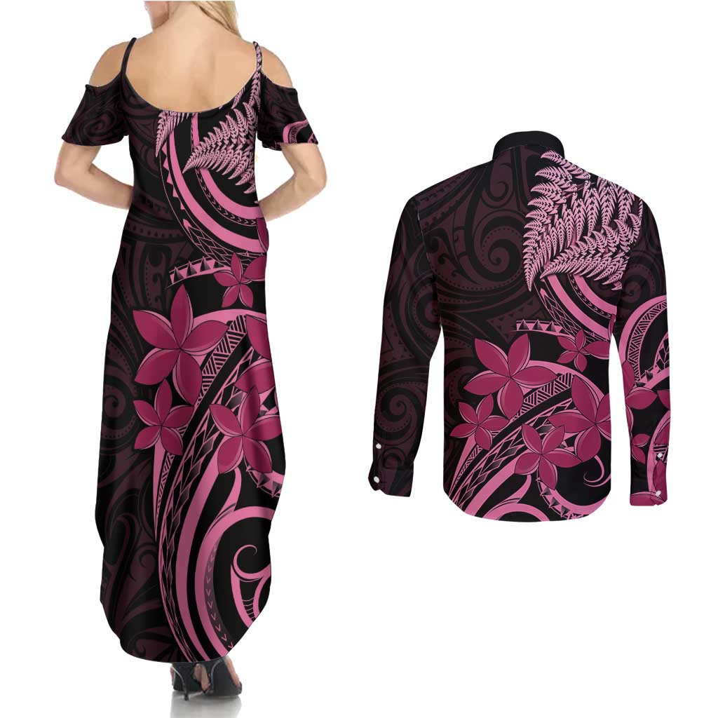 Aotearoa Maori Couples Matching Summer Maxi Dress and Long Sleeve Button Shirt Pink Fern Ribbons on Black - Aussie Hoodie