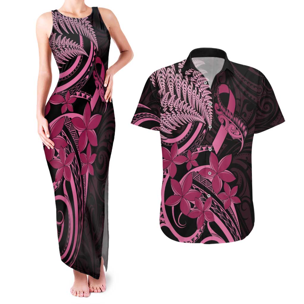 Aotearoa Maori Couples Matching Tank Maxi Dress and Hawaiian Shirt Pink Fern Ribbons on Black - Aussie Hoodie