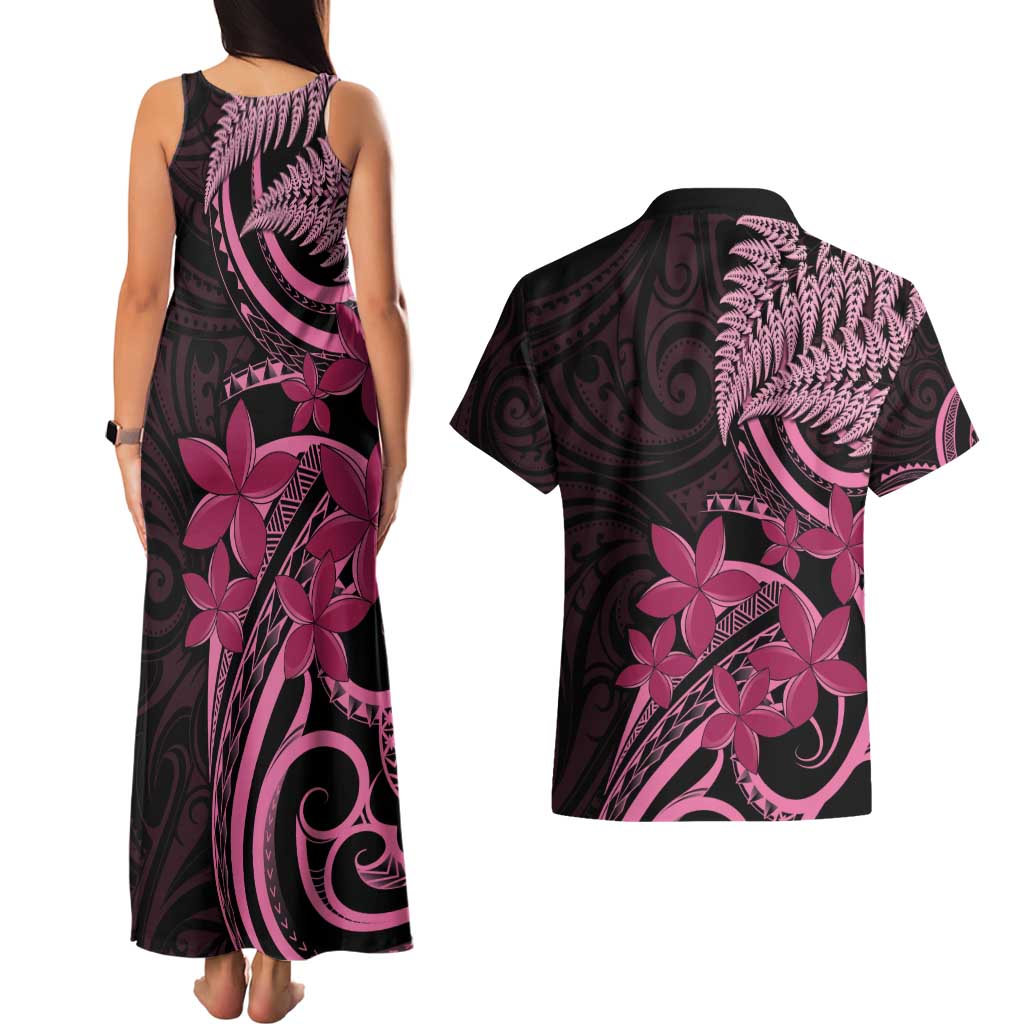 Aotearoa Maori Couples Matching Tank Maxi Dress and Hawaiian Shirt Pink Fern Ribbons on Black - Aussie Hoodie