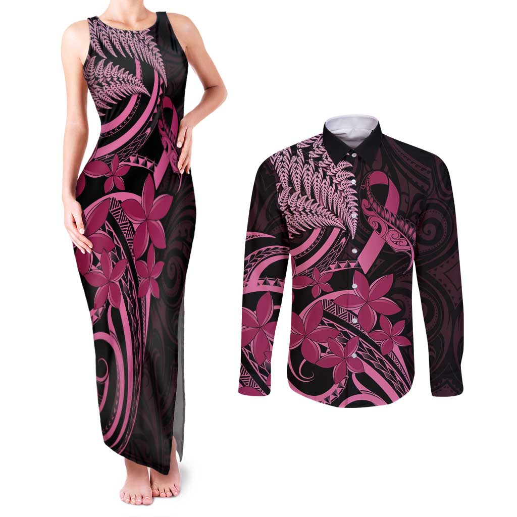 Aotearoa Maori Couples Matching Tank Maxi Dress and Long Sleeve Button Shirt Pink Fern Ribbons on Black - Aussie Hoodie