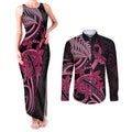 Aotearoa Maori Couples Matching Tank Maxi Dress and Long Sleeve Button Shirt Pink Fern Ribbons on Black - Aussie Hoodie