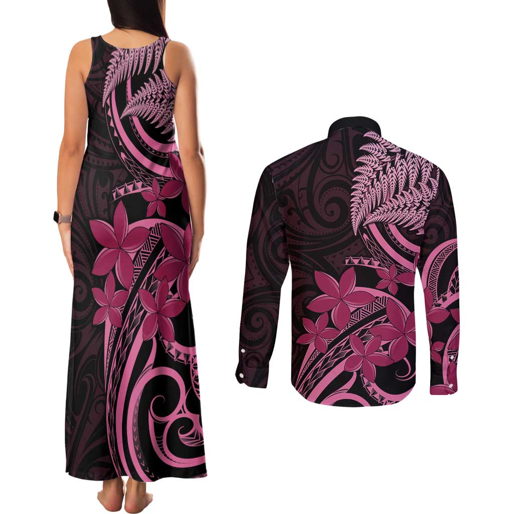 Aotearoa Maori Couples Matching Tank Maxi Dress and Long Sleeve Button Shirt Pink Fern Ribbons on Black - Aussie Hoodie