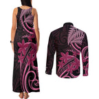 Aotearoa Maori Couples Matching Tank Maxi Dress and Long Sleeve Button Shirt Pink Fern Ribbons on Black - Aussie Hoodie