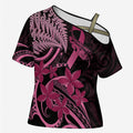 Aotearoa Maori Cross Shoulder Shirt Pink Fern Ribbons on Black - Aussie Hoodie