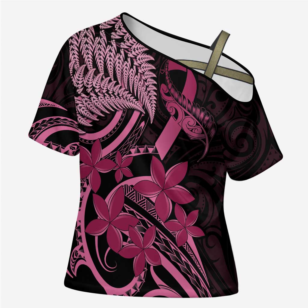 Aotearoa Maori Cross Shoulder Shirt Pink Fern Ribbons on Black - Aussie Hoodie