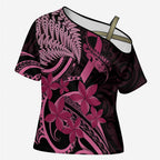 Aotearoa Maori Cross Shoulder Shirt Pink Fern Ribbons on Black - Aussie Hoodie