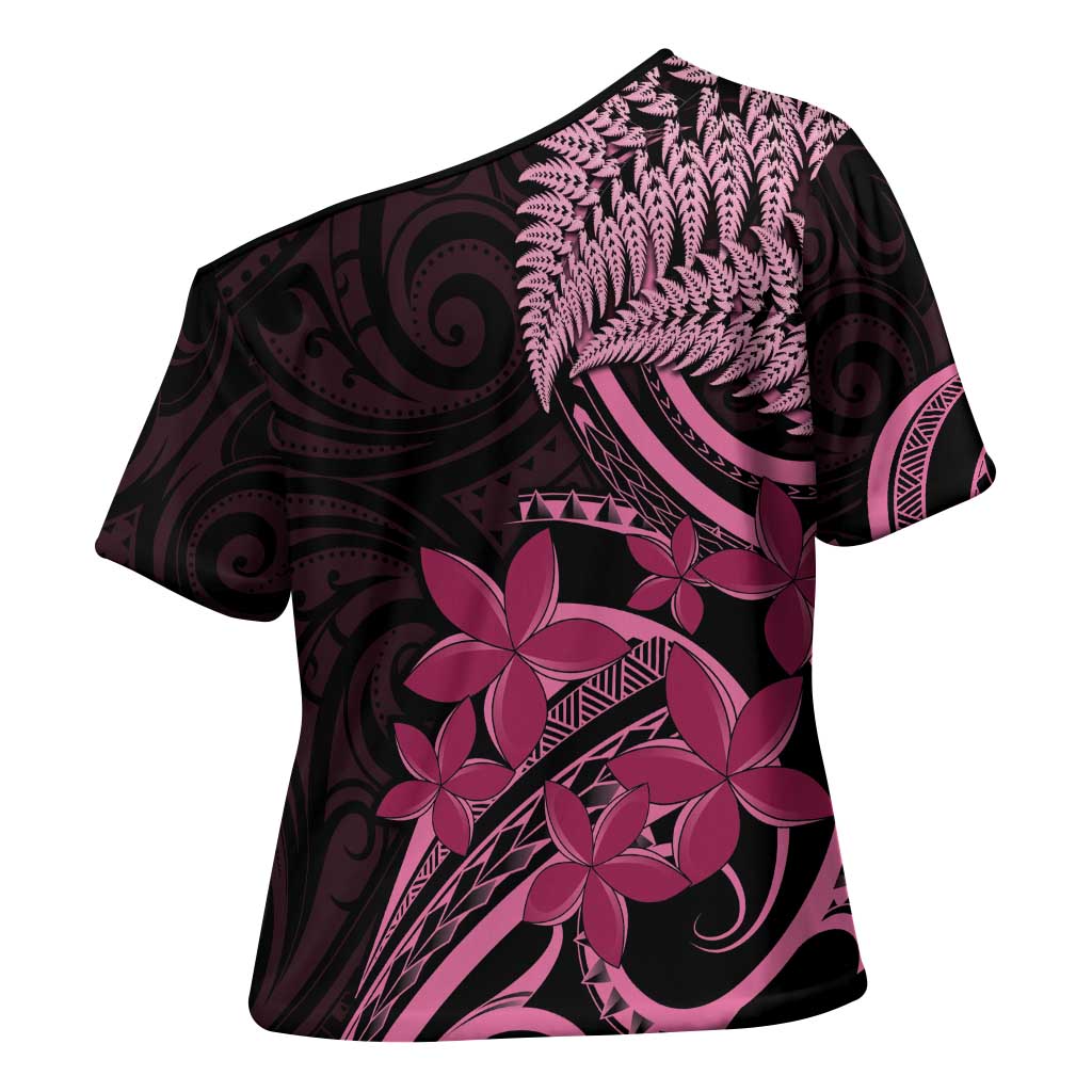 Aotearoa Maori Cross Shoulder Shirt Pink Fern Ribbons on Black - Aussie Hoodie