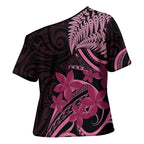Aotearoa Maori Cross Shoulder Shirt Pink Fern Ribbons on Black - Aussie Hoodie