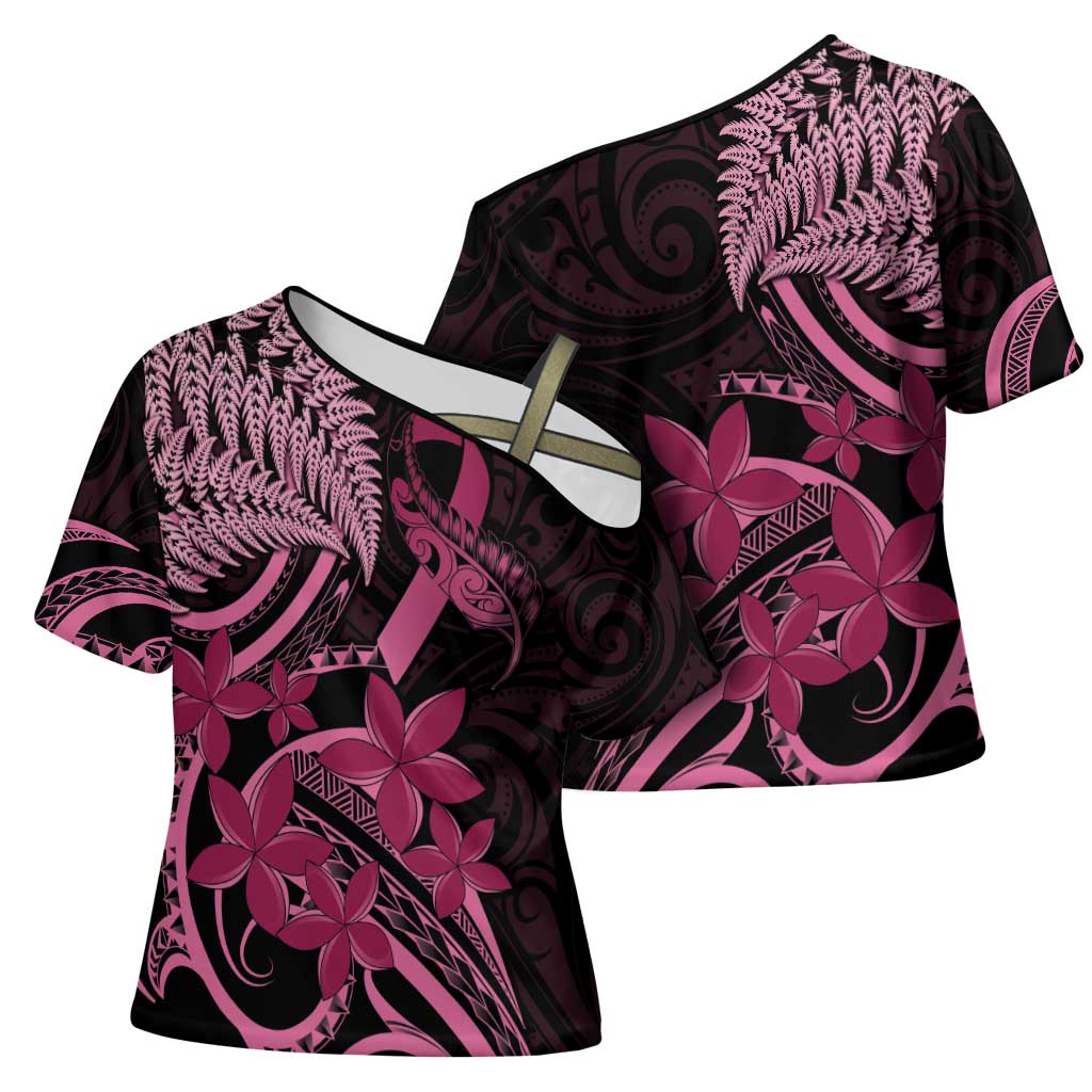 Aotearoa Maori Cross Shoulder Shirt Pink Fern Ribbons on Black - Aussie Hoodie