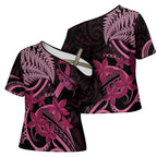 Aotearoa Maori Cross Shoulder Shirt Pink Fern Ribbons on Black - Aussie Hoodie