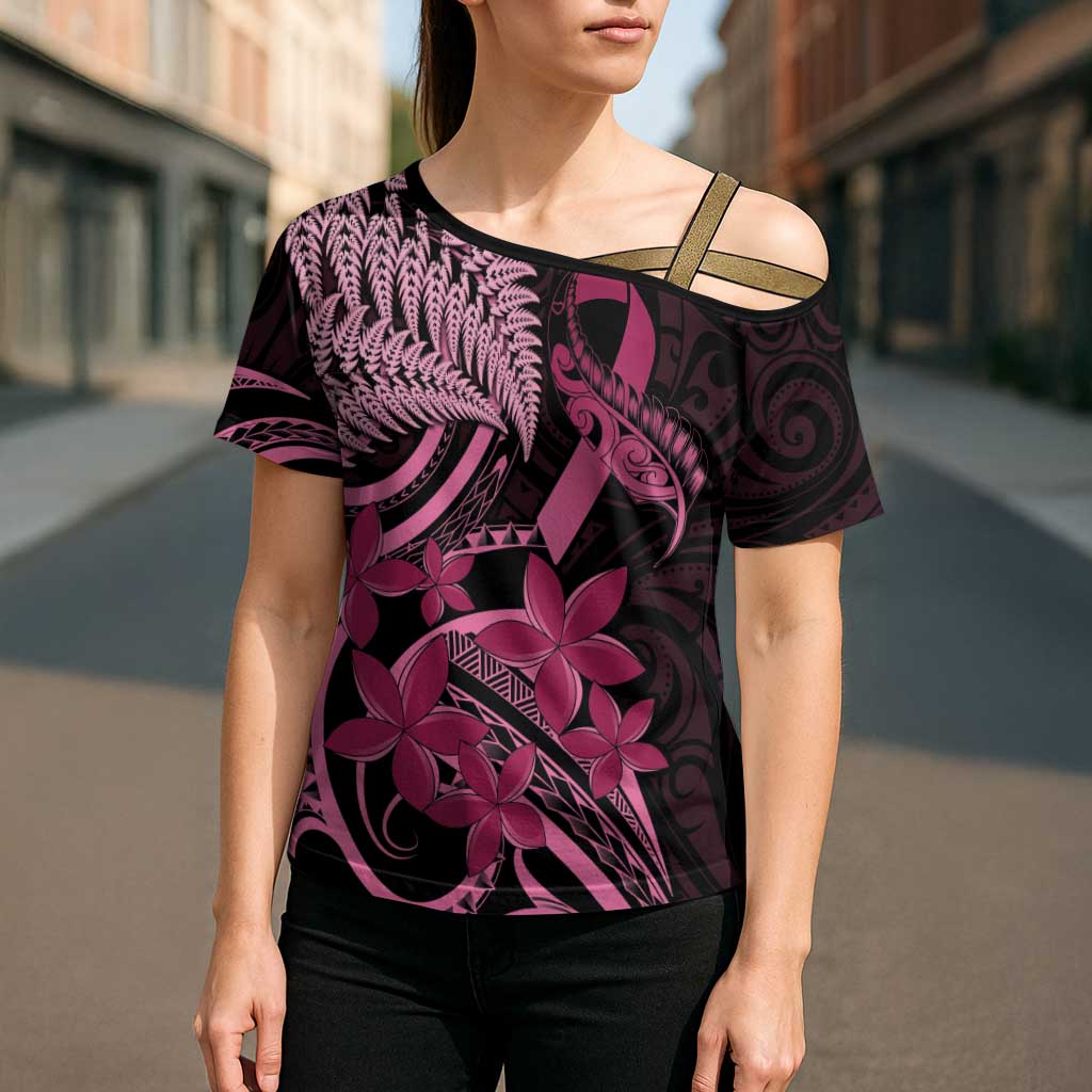 Aotearoa Maori Cross Shoulder Shirt Pink Fern Ribbons on Black - Aussie Hoodie