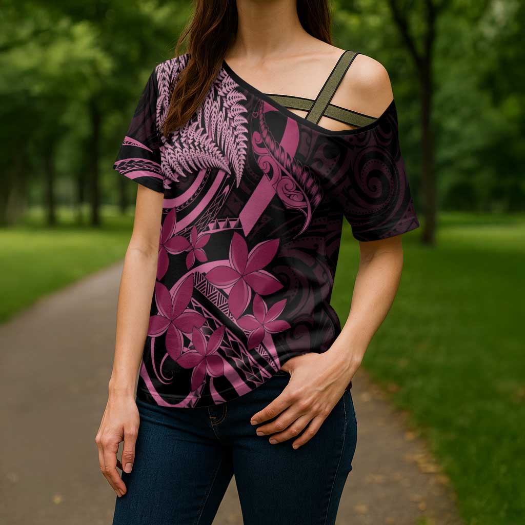 Aotearoa Maori Cross Shoulder Shirt Pink Fern Ribbons on Black - Aussie Hoodie