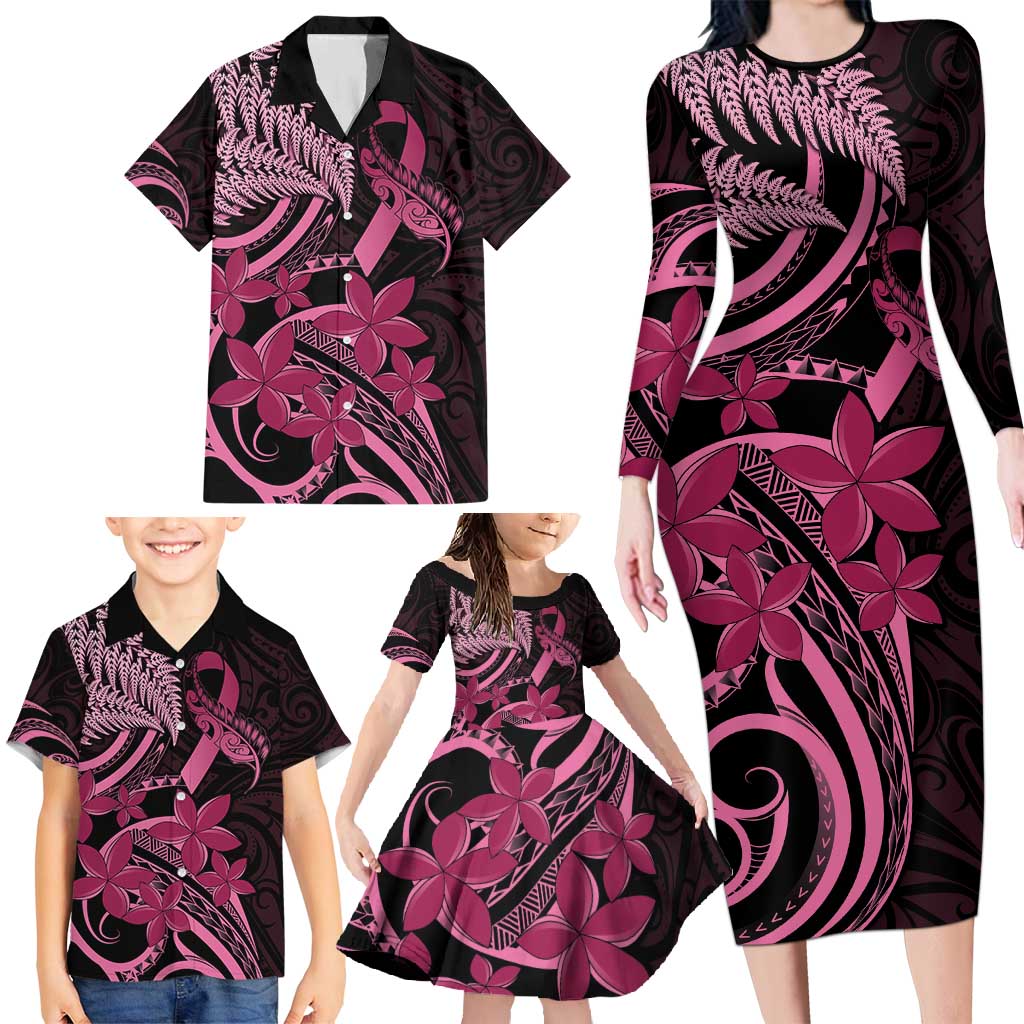 Aotearoa Maori Family Matching Long Sleeve Bodycon Dress and Hawaiian Shirt Pink Fern Ribbons on Black - Aussie Hoodie