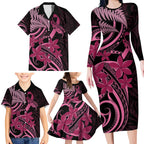 Aotearoa Maori Family Matching Long Sleeve Bodycon Dress and Hawaiian Shirt Pink Fern Ribbons on Black - Aussie Hoodie