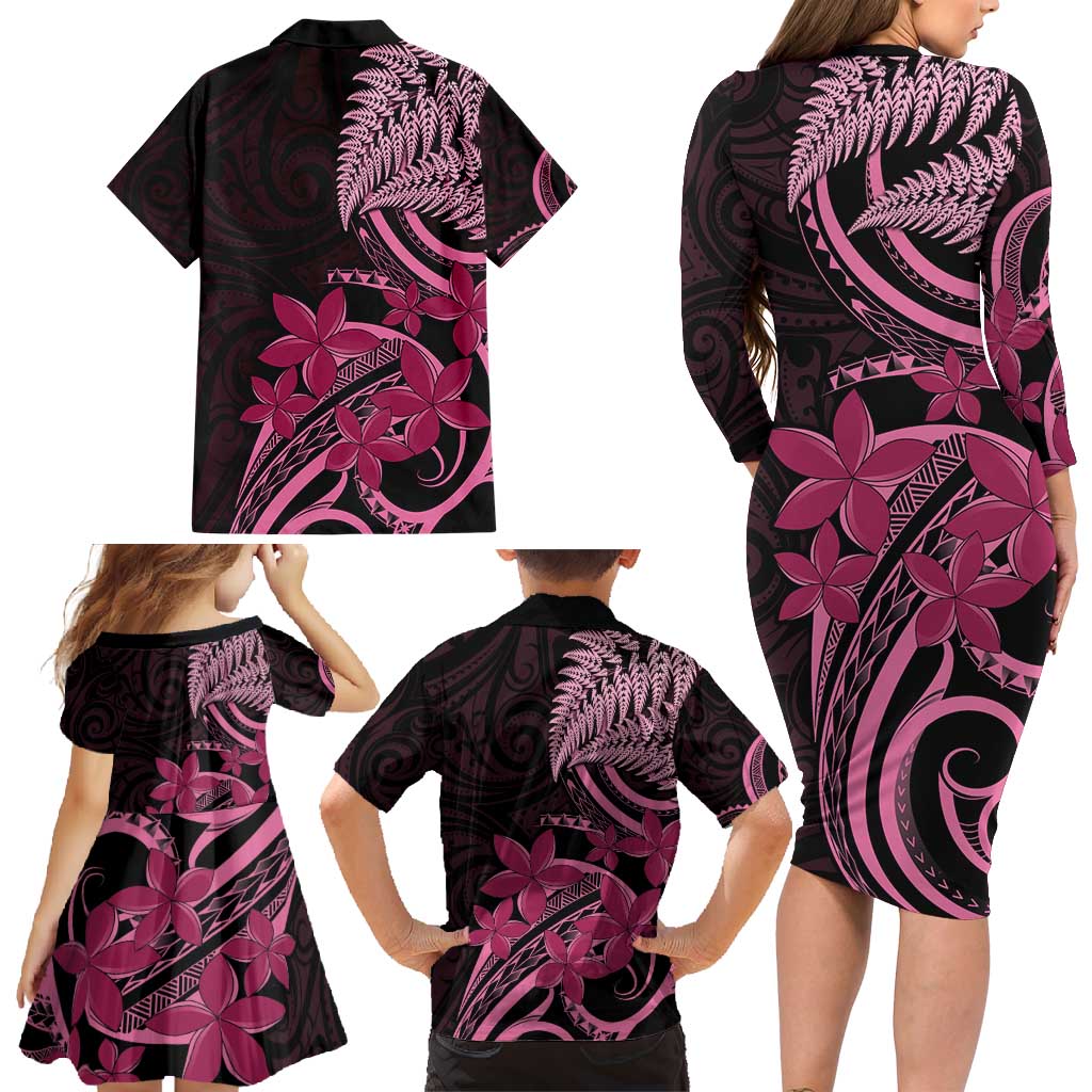 Aotearoa Maori Family Matching Long Sleeve Bodycon Dress and Hawaiian Shirt Pink Fern Ribbons on Black - Aussie Hoodie