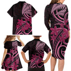 Aotearoa Maori Family Matching Long Sleeve Bodycon Dress and Hawaiian Shirt Pink Fern Ribbons on Black - Aussie Hoodie