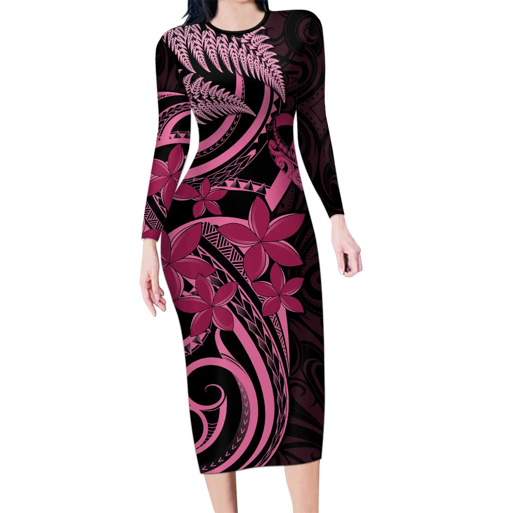 Aotearoa Maori Family Matching Long Sleeve Bodycon Dress and Hawaiian Shirt Pink Fern Ribbons on Black - Aussie Hoodie