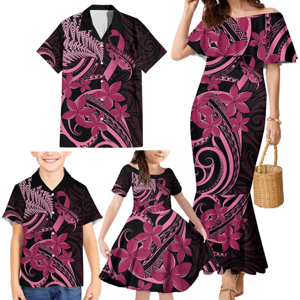 Aotearoa Maori Family Matching Mermaid Dress and Hawaiian Shirt Pink Fern Ribbons on Black - Aussie Hoodie