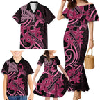Aotearoa Maori Family Matching Mermaid Dress and Hawaiian Shirt Pink Fern Ribbons on Black - Aussie Hoodie