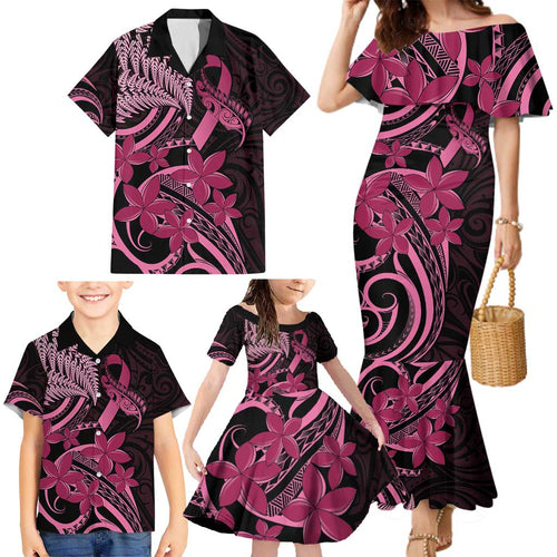 Aotearoa Maori Family Matching Mermaid Dress and Hawaiian Shirt Pink Fern Ribbons on Black - Aussie Hoodie