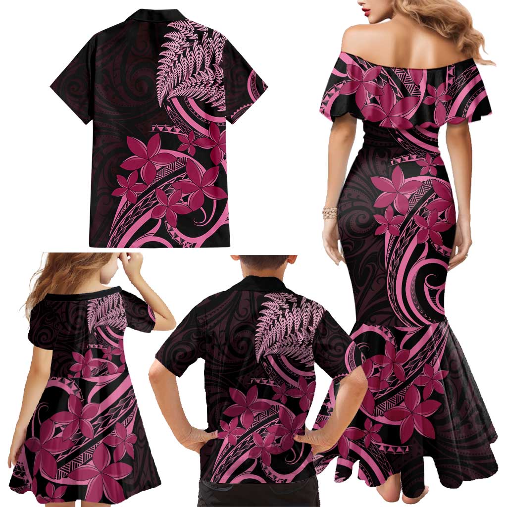 Aotearoa Maori Family Matching Mermaid Dress and Hawaiian Shirt Pink Fern Ribbons on Black - Aussie Hoodie