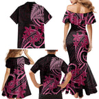Aotearoa Maori Family Matching Mermaid Dress and Hawaiian Shirt Pink Fern Ribbons on Black - Aussie Hoodie