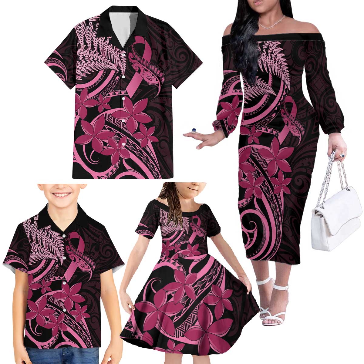 Aotearoa Maori Family Matching Off The Shoulder Long Sleeve Dress and Hawaiian Shirt Pink Fern Ribbons on Black - Aussie Hoodie