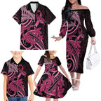 Aotearoa Maori Family Matching Off The Shoulder Long Sleeve Dress and Hawaiian Shirt Pink Fern Ribbons on Black - Aussie Hoodie