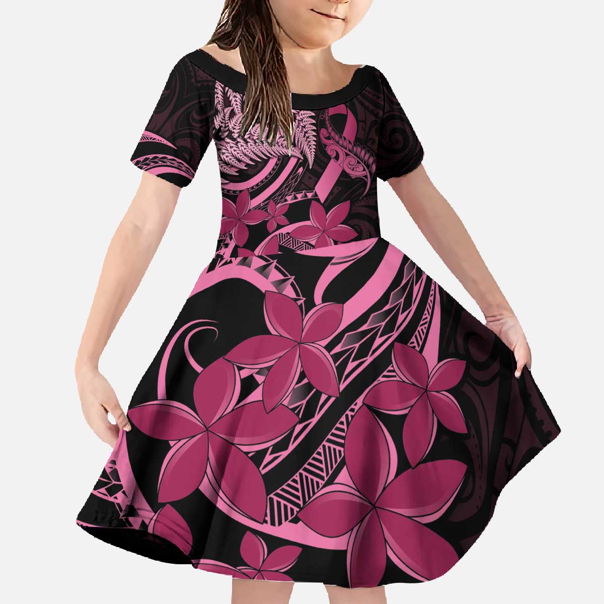 Aotearoa Maori Family Matching Off The Shoulder Long Sleeve Dress and Hawaiian Shirt Pink Fern Ribbons on Black - Aussie Hoodie