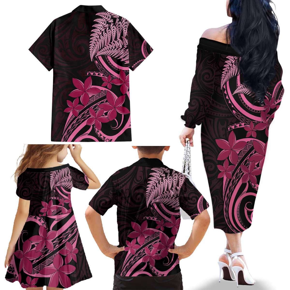 Aotearoa Maori Family Matching Off The Shoulder Long Sleeve Dress and Hawaiian Shirt Pink Fern Ribbons on Black - Aussie Hoodie