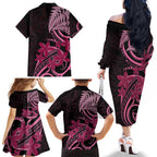 Aotearoa Maori Family Matching Off The Shoulder Long Sleeve Dress and Hawaiian Shirt Pink Fern Ribbons on Black - Aussie Hoodie