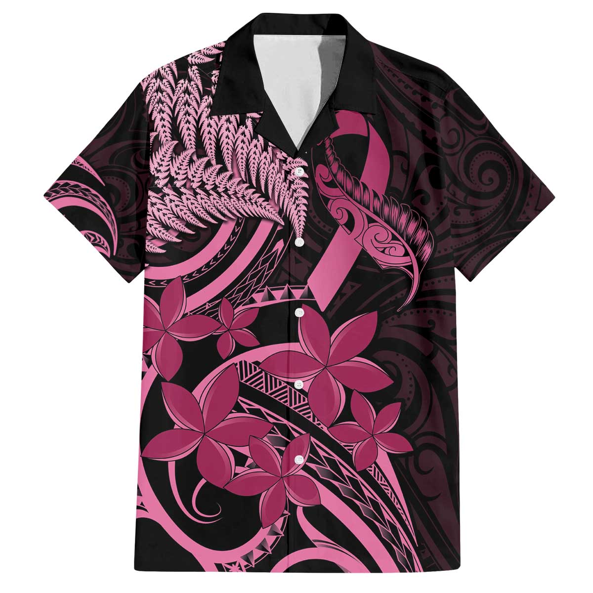 Aotearoa Maori Family Matching Off The Shoulder Long Sleeve Dress and Hawaiian Shirt Pink Fern Ribbons on Black - Aussie Hoodie