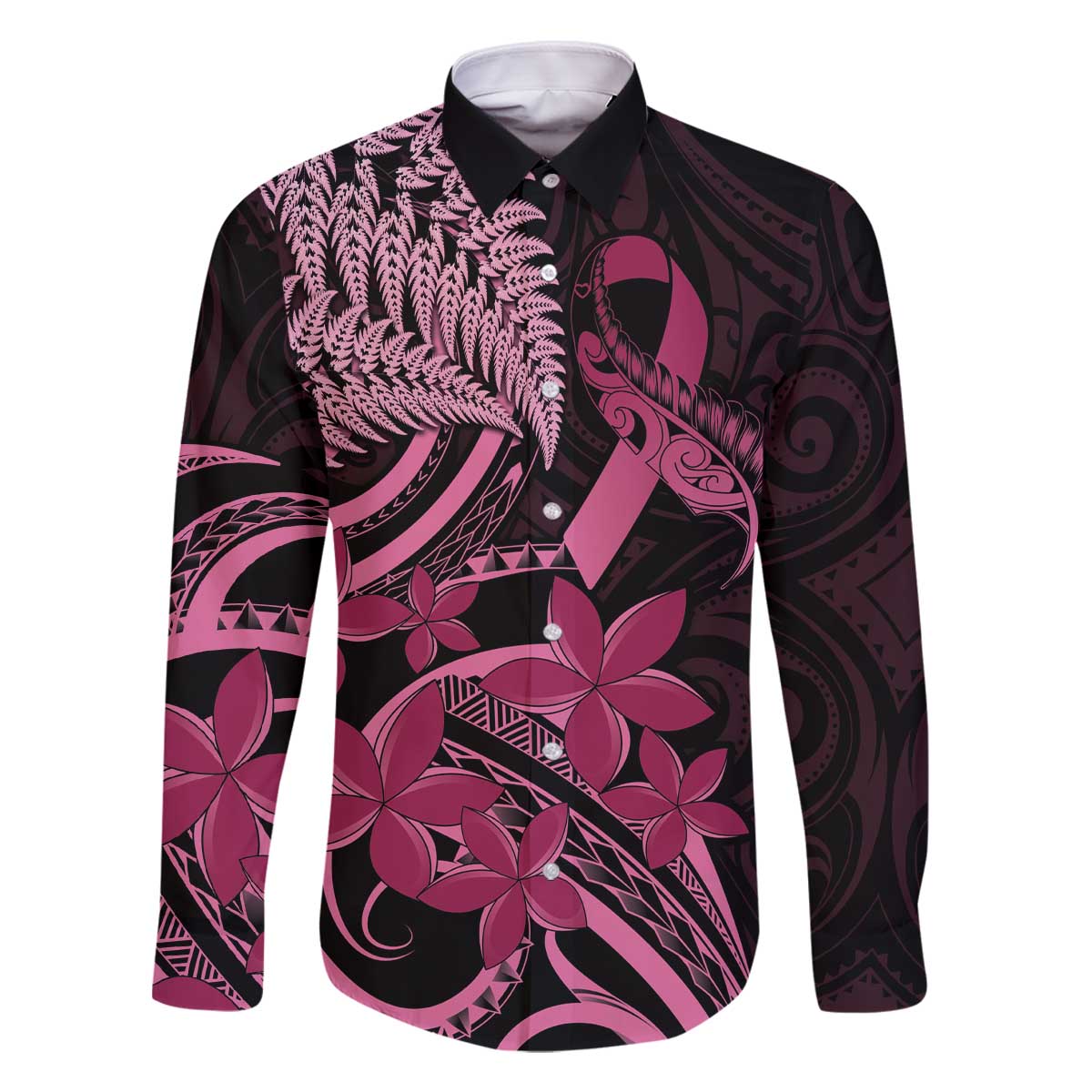 Aotearoa Maori Family Matching Off The Shoulder Long Sleeve Dress and Hawaiian Shirt Pink Fern Ribbons on Black - Aussie Hoodie