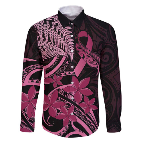 Aotearoa Maori Family Matching Off The Shoulder Long Sleeve Dress and Hawaiian Shirt Pink Fern Ribbons on Black - Aussie Hoodie
