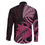 Aotearoa Maori Family Matching Off The Shoulder Long Sleeve Dress and Hawaiian Shirt Pink Fern Ribbons on Black - Aussie Hoodie
