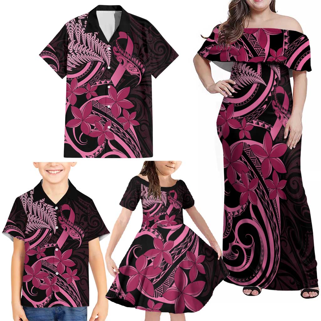 Aotearoa Maori Family Matching Off Shoulder Maxi Dress and Hawaiian Shirt Pink Fern Ribbons on Black - Aussie Hoodie