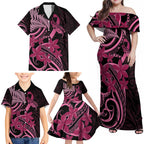 Aotearoa Maori Family Matching Off Shoulder Maxi Dress and Hawaiian Shirt Pink Fern Ribbons on Black - Aussie Hoodie
