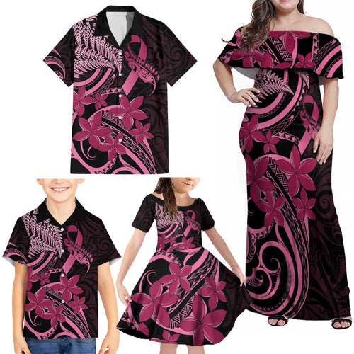 Aotearoa Maori Family Matching Off Shoulder Maxi Dress and Hawaiian Shirt Pink Fern Ribbons on Black - Aussie Hoodie