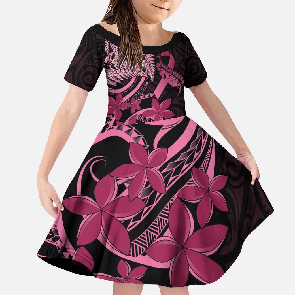 Aotearoa Maori Family Matching Off Shoulder Maxi Dress and Hawaiian Shirt Pink Fern Ribbons on Black - Aussie Hoodie