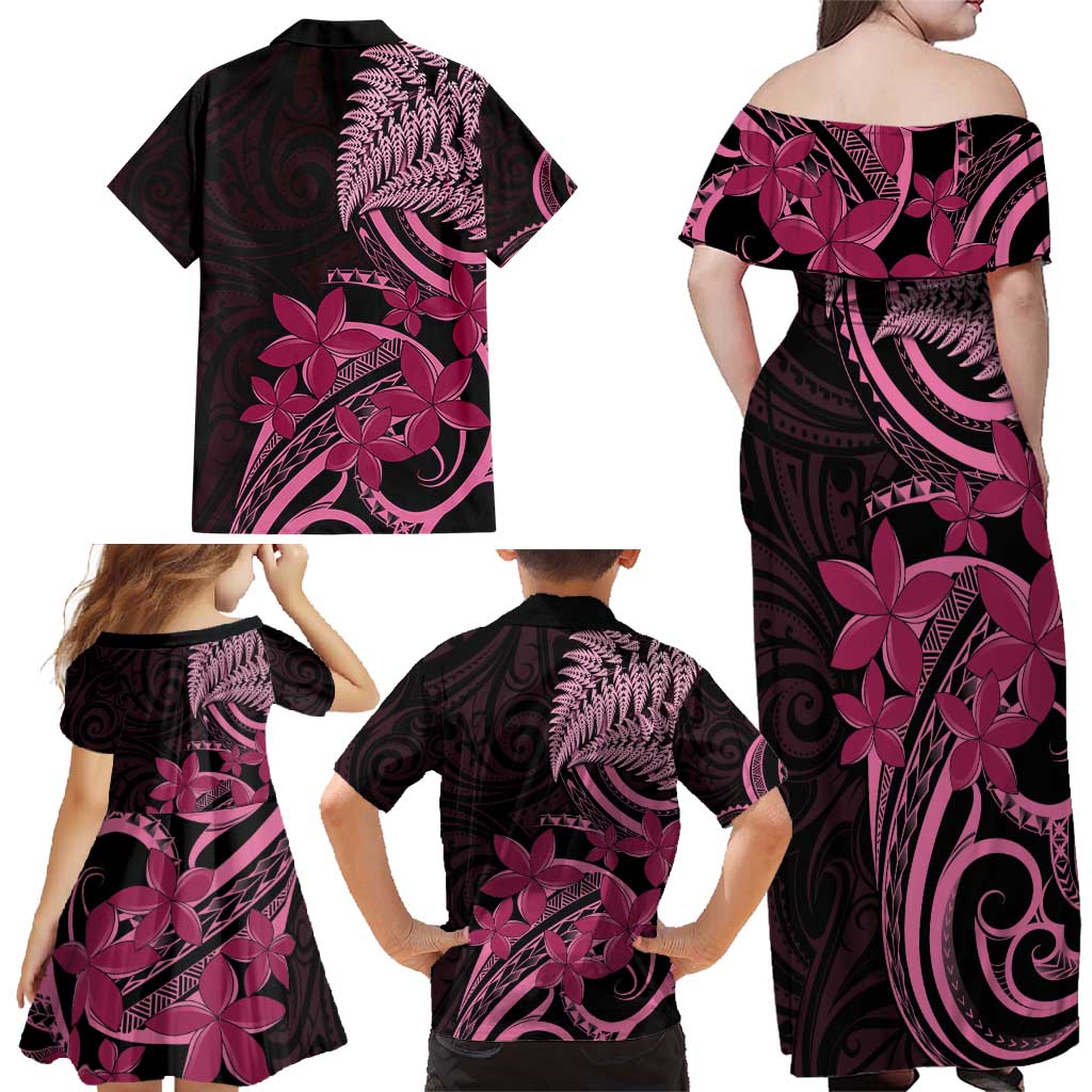 Aotearoa Maori Family Matching Off Shoulder Maxi Dress and Hawaiian Shirt Pink Fern Ribbons on Black - Aussie Hoodie